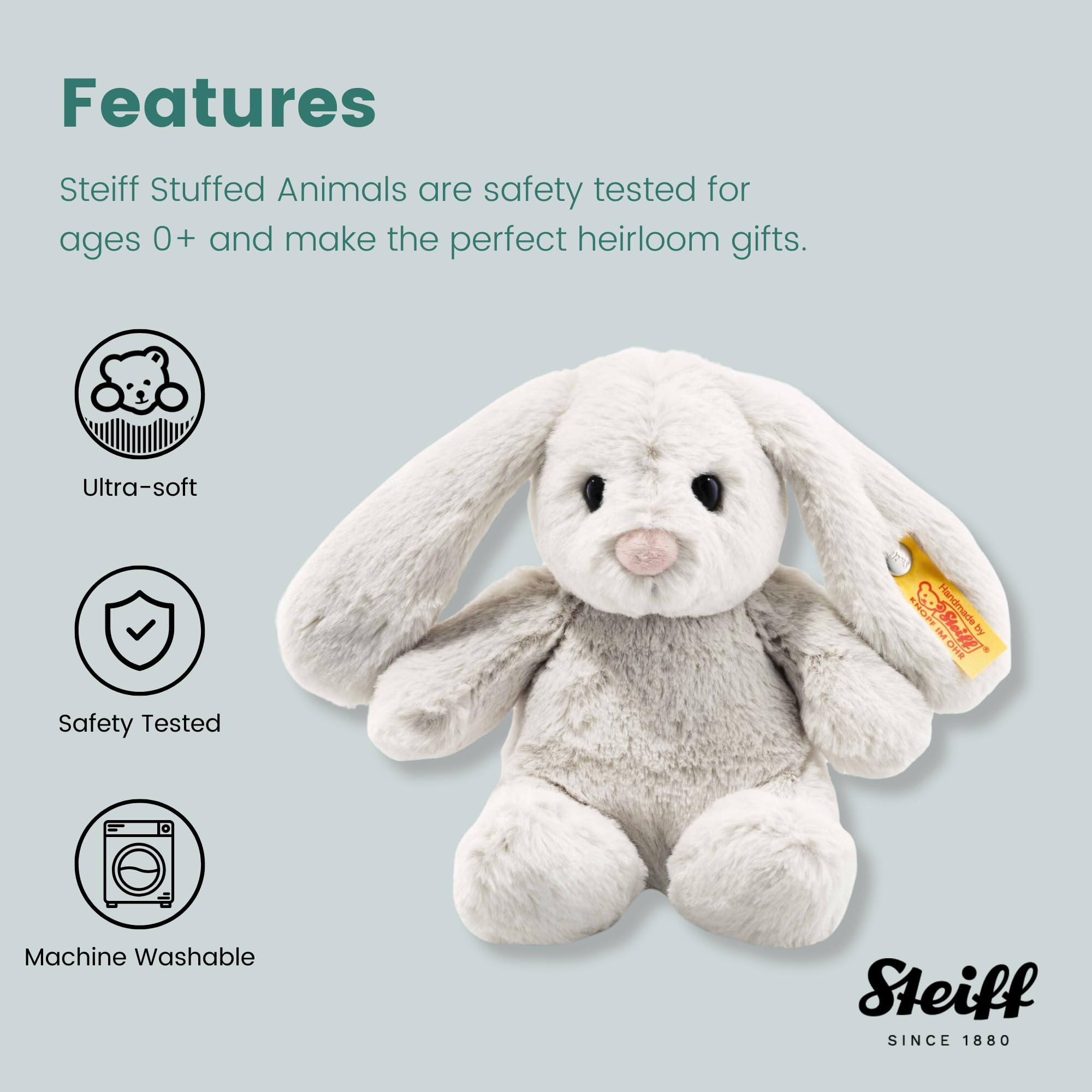 Steiff Hoppie Hase 18 cm hellgrau, Plüschtier Hase mit Schlappohren, Soft Cuddly Friends, flauschiges Stofftier zum Kuscheln und Spielen