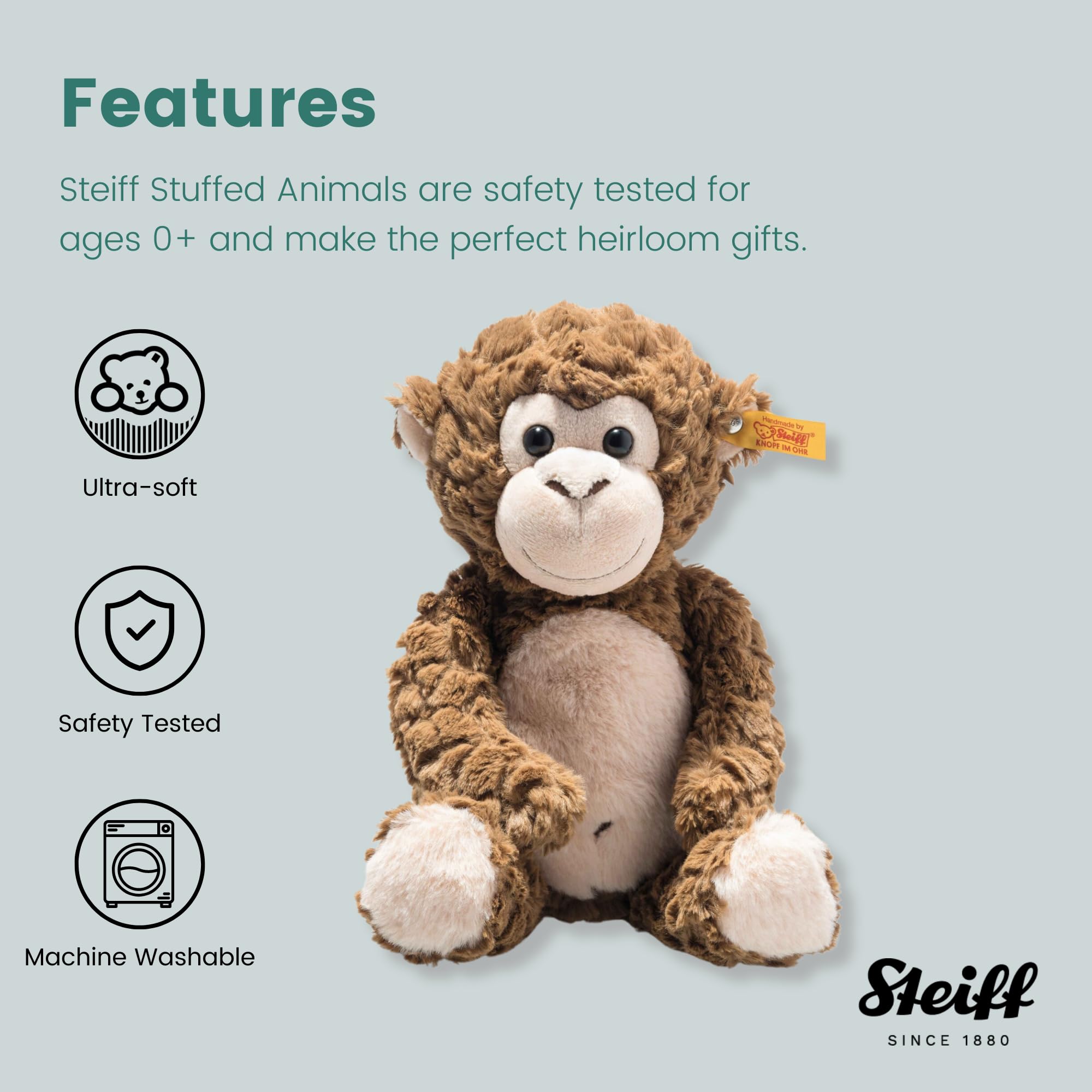 Steiff Bodo Affe 30 cm, Plüsch-Affe, Soft Cuddly Friends, Kuscheltier für Kinder, aus kuschelweichem Plüsch & weich und waschmaschinenfest