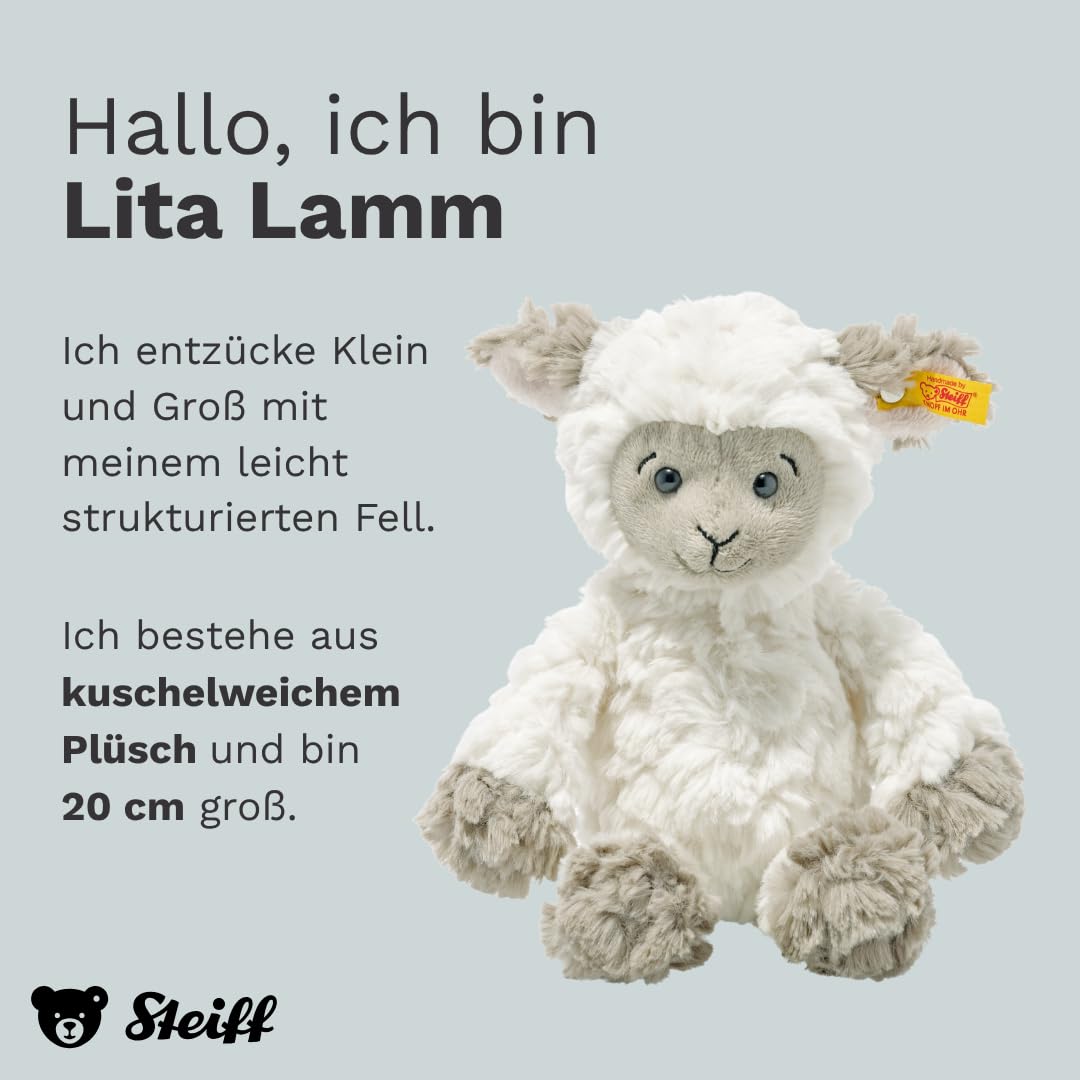 Steiff Kuscheltier Lita Lamm, Süßes Stofftier mit Kunststoffaugen, Kinder, Jungen & Mädchen, Soft Cuddly Friends, Plüschtier 20 cm, Weiß